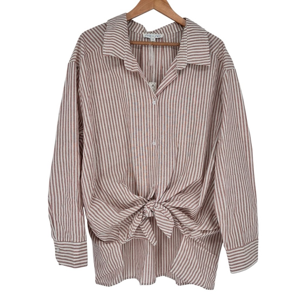 She + Sky Brown Stripe Knotted Long Sleeve Blouse size 2X Button Down NWT